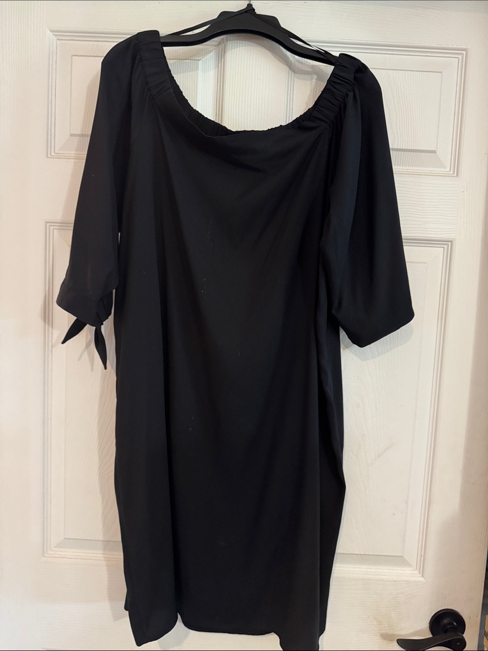 LOFT Black Off-Shoulder Midi Dress with Tie Sleeves